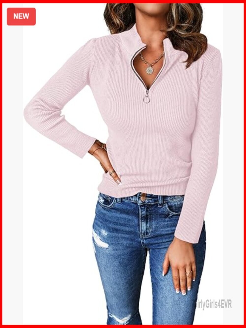 Quarter Zip Pullover Sweater Long Sleeve Fitted Ribbed Knit Top